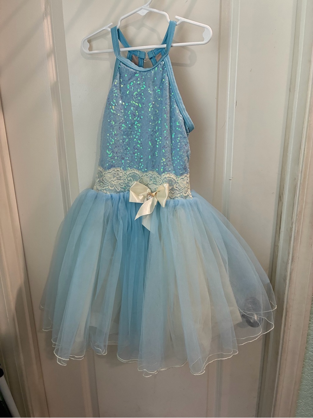 Weissman Light Blue Sequin Tulle Dance Costume with Ivory Bow